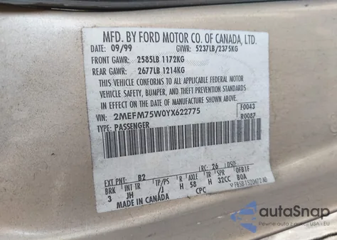 2000 Mercury Grand Marquis Ls z USA, uszkodzony, nr VIN 2MEFM75W0YX622775